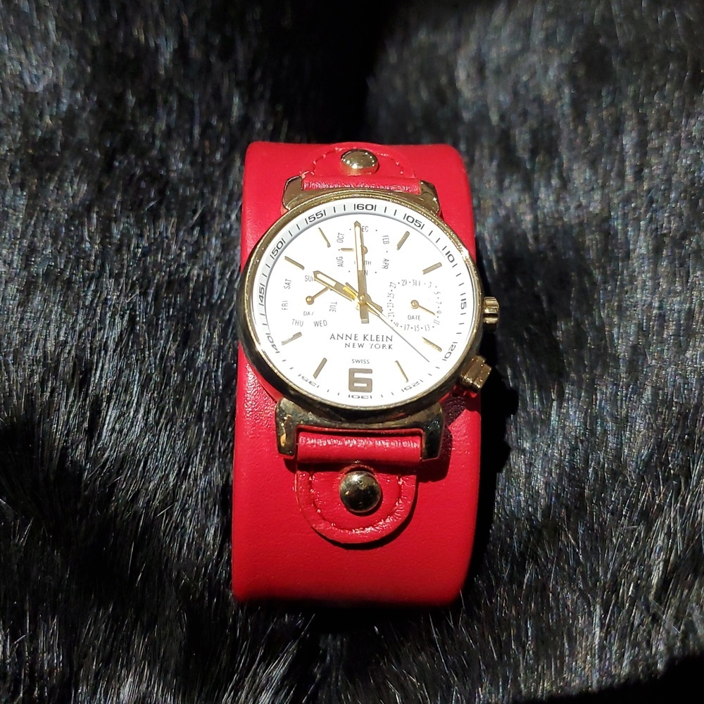 Anne Klein New York Gold and Red Swiss Watch Month Day Date